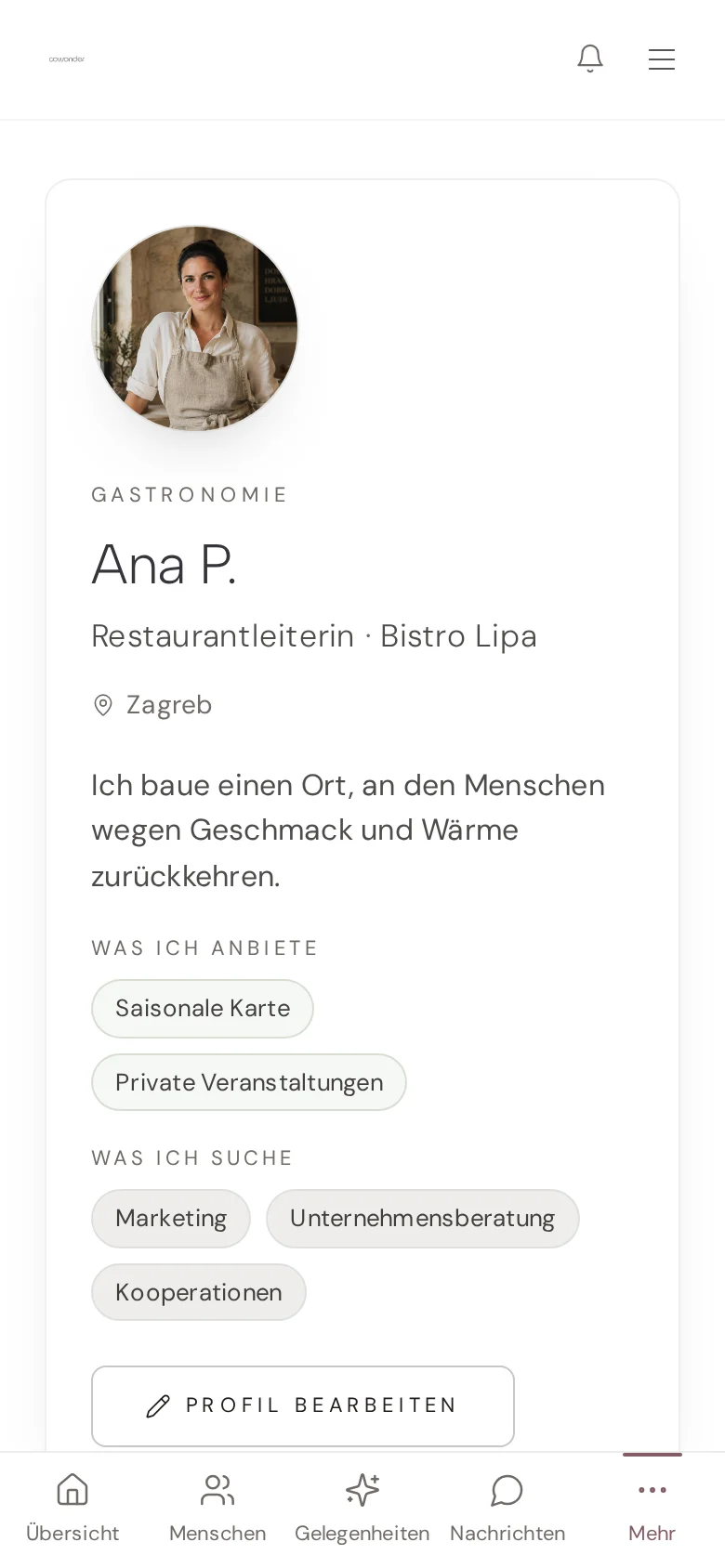 Dein Profil. Plattformansicht mit Beispieldaten.