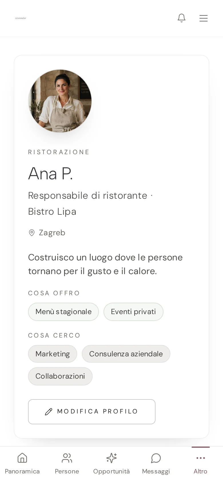 Il tuo profilo. Vista della piattaforma con dati di esempio.