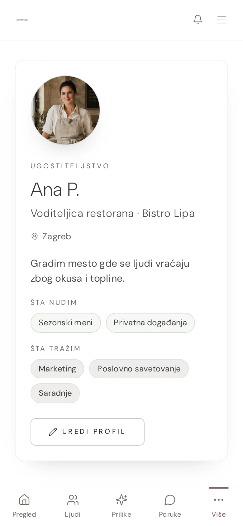 Tvoj profil. Prikaz platforme s oglednim podacima.