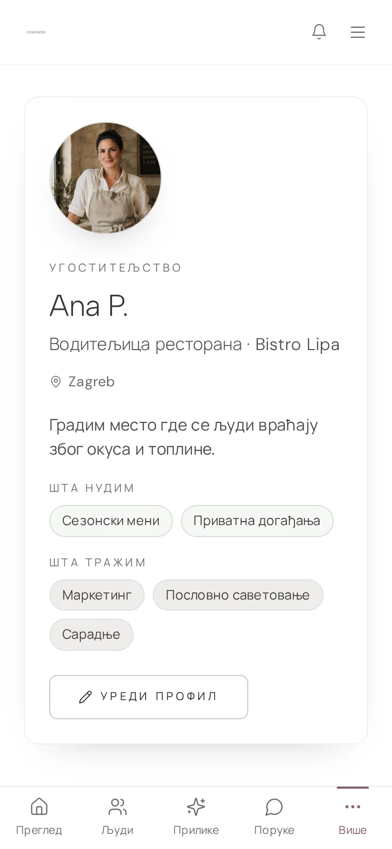 Твој профил. Приказ платформе с огледним подацима.