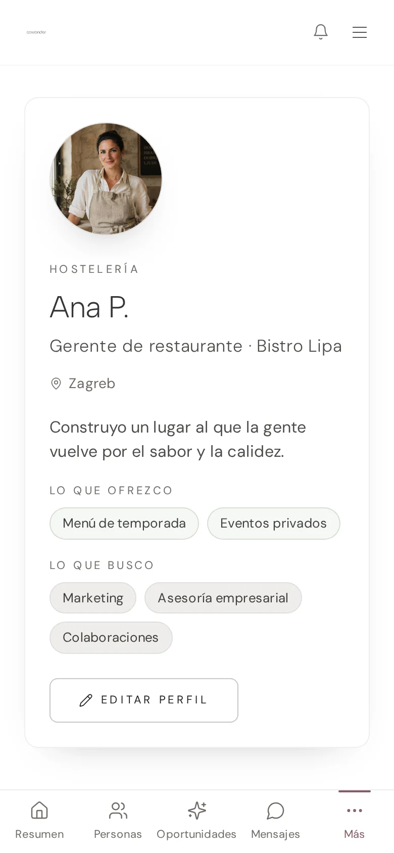 Tu perfil. Vista de la plataforma con datos de ejemplo.